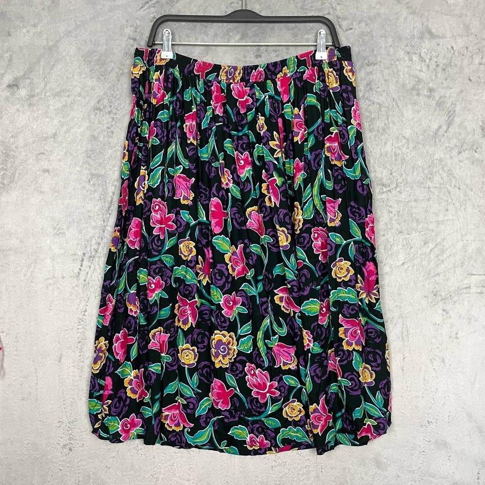 Vintage‎ 90s Black Floral Midi Skirt Elastic Waist Rayon Large/XL Cottagecore - Picture 2 of 7